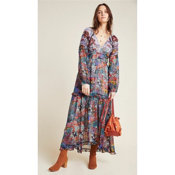 Maeve Anthropologie Annabella Maxi Dress 4 Boho Tiered V-Neck Floral - Picture 1 of 14